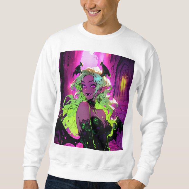 Neon Succubus Demon Anime Girl Lång Ärmad Tröja (Framsida)