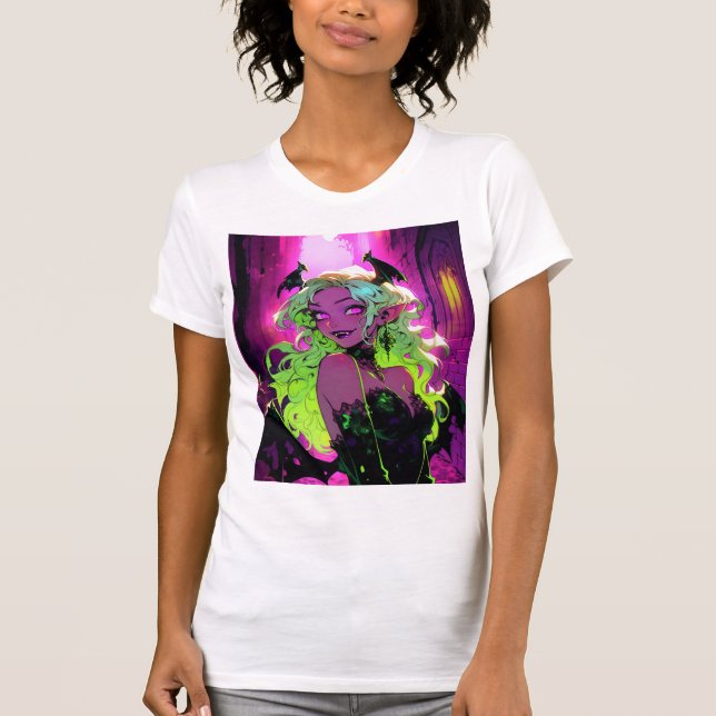 Neon Succubus Demon Anime Girl T Shirt (Framsida)