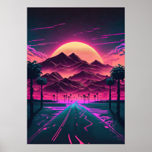 Neon Sunrise över bergen Poster