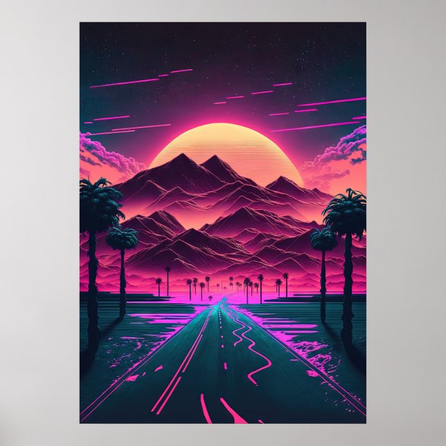 Neon Sunrise över bergen Poster (Framsidan)