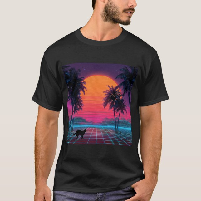 Neon Sunset Cat on Cyber Shore T Shirt (Framsida)