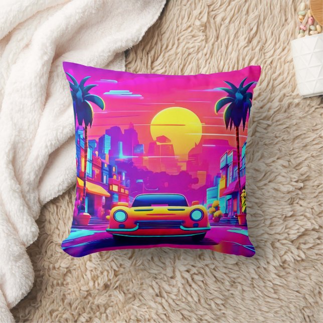 Neon Sunset City Drive Kudde (Filt)