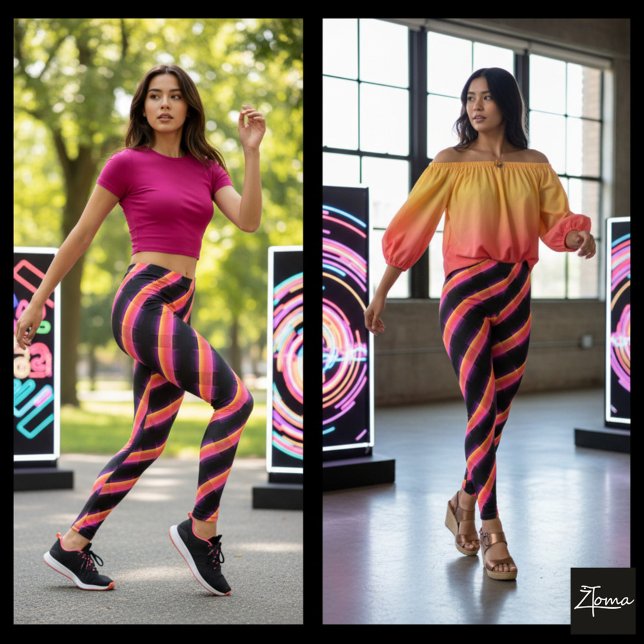 Neon Sunset Glitch Cyber Diagonal Stripe Leggings (Skapare uppladdad)