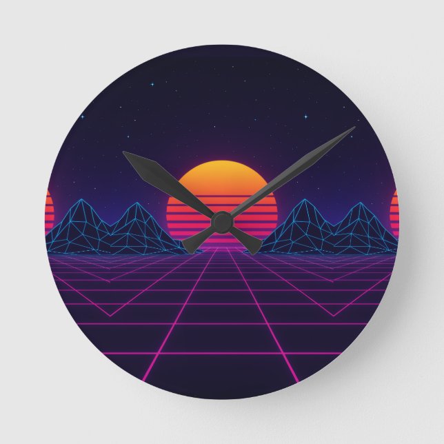 Neon Sunset Grid - Retro-Futuristiska Synthwave St Rund Klocka (Framsida)