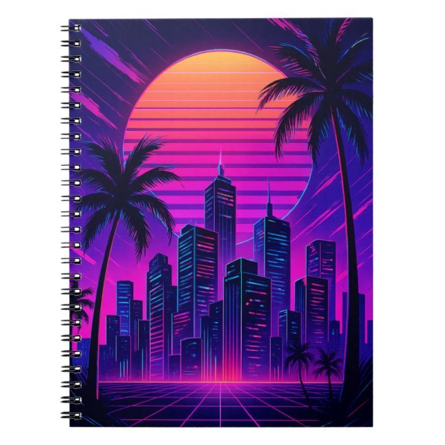 Neon Sunset Retro-Futuristiska Cityscape Anteckningsbok (Framsidan)