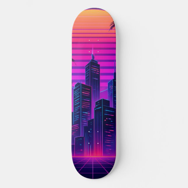 Neon Sunset Retro-Futuristiska Cityscape Mini Skateboard Bräda 18,5 Cm (Framsida)
