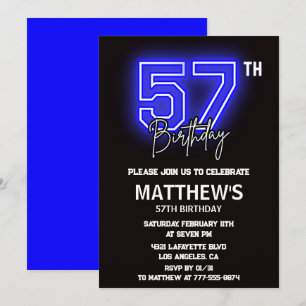 Neon Svart 57-års födelsedagsinbjudningar Män Spor Inbjudningar