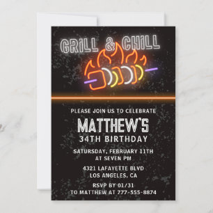 Neon Svart Bbq Grill och Chill 34-årsdag Inbjudningar
