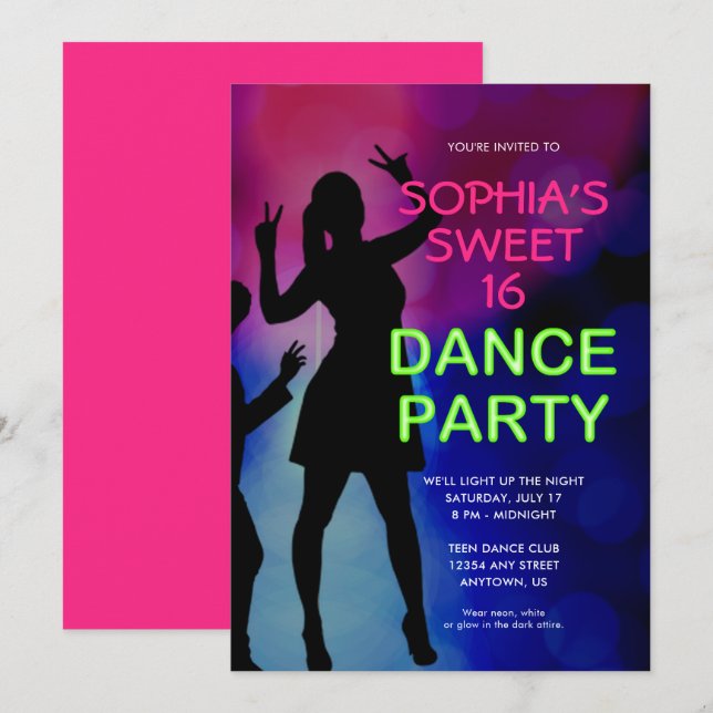 Neon Sweet 16 Birthday Dance Party bjudande Inbjudningar (Fram/baksida)