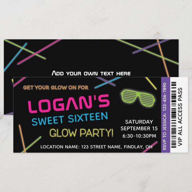 Neon Sweet 16 Birthday Glow Party Inbjudningar (Fram/baksida)