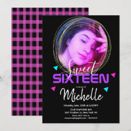 Neon Sweet Sixteen Guld Ring Konfetti Foto Grid Inbjudningar