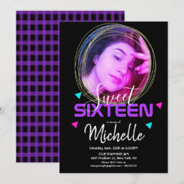 Neon Sweet Sixteen Guld Ring Konfetti Foto Rutnät Inbjudningar