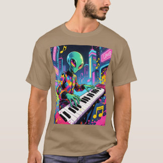 Neon Synthwave Alien Keyboardist flicka T Shirt