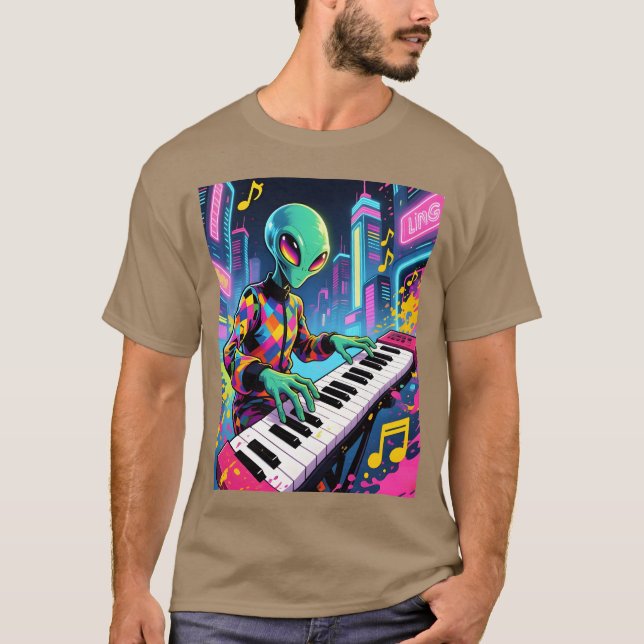 Neon Synthwave Alien Keyboardist flicka T Shirt (Framsida)
