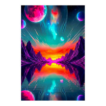Neon Synthwave Alienplanet Landskaps Grafik
