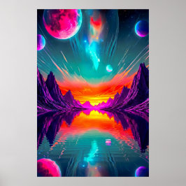 Neon Synthwave Alienplanet Landskaps Grafik Poster
