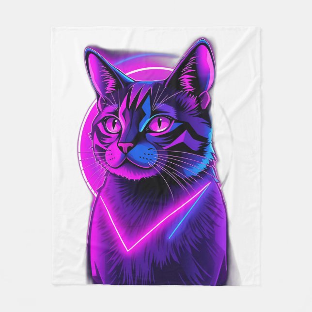 Neon Synthwave Cat Art Fleecefilt (Framsidan)