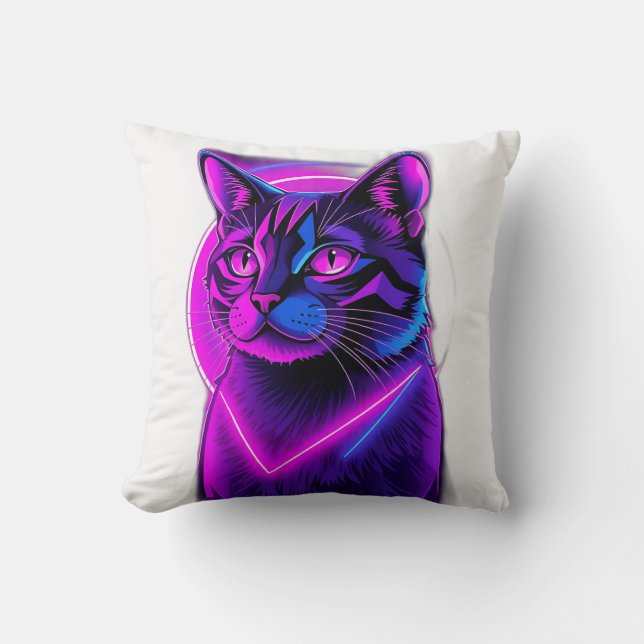 Neon Synthwave Cat Art Kudde (Framsida)