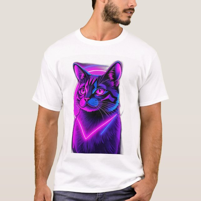 Neon Synthwave Cat Art T Shirt (Framsida)