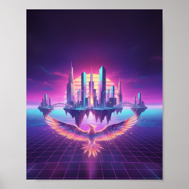 Neon Synthwave Cityscape Phoenix Art Print Poster (Framsidan)