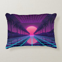 Neon Synthwave Grid & Palmträd Retro Kudd Prydnadskudde