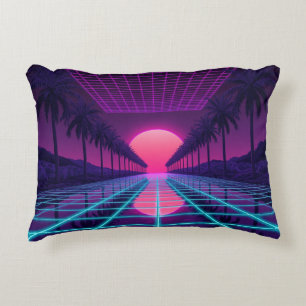 Neon Synthwave Grid & Palmträd Retro Kudd Prydnadskudde