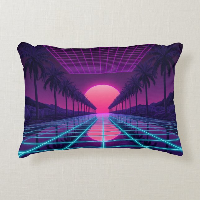 Neon Synthwave Grid & Palmträd Retro Kudd Prydnadskudde (Framsidan)