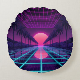 Neon Synthwave Grid & Palmträd Retro Kudd Rund Kudde