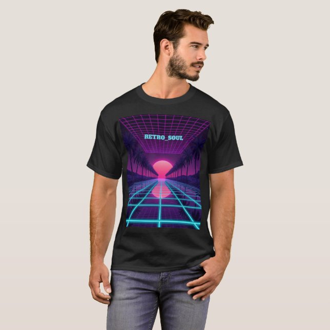 Neon Synthwave Horisont - Retro 80-tals Cyberpunk  T Shirt (Hel framsida)