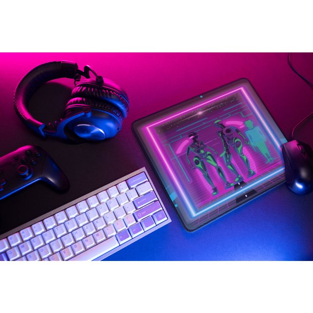 Neon Synthwave Humanoida Robotar Cyberpunk Musmatta (Two neon robots bring retro-futuristic synthwave energy straight to your gaming setup.)