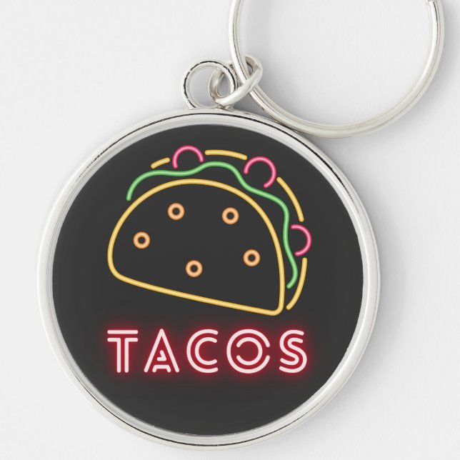 Neon Tacos-symbol och knapp-nyckelkedja Rund Silverfärgad Nyckelring (Framsidan)