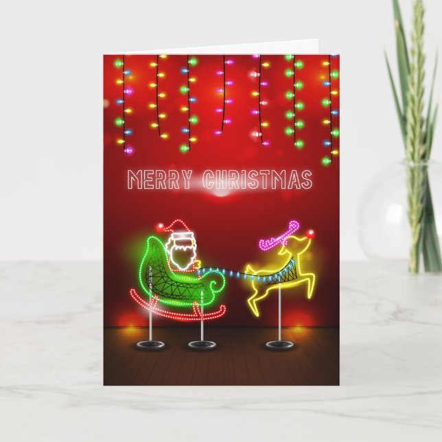 Neon tänder Santa och Rudolph jul Helgkort (Framsida)
