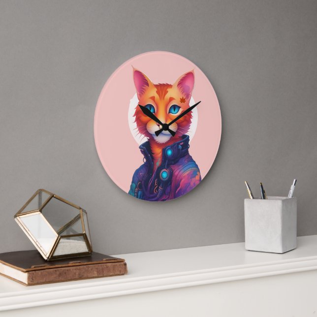 "Neon Tassar: The Ginger, Blue Eyed Cyberpunk Cat" Stor Klocka (Kontor)