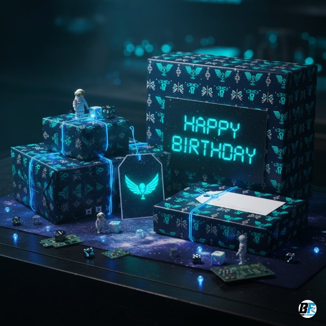 Neon Teal Alien Glyphs Sci-Fi Gamer Födelsedag Presentpapper (HAPPY BIRTHDAY)
