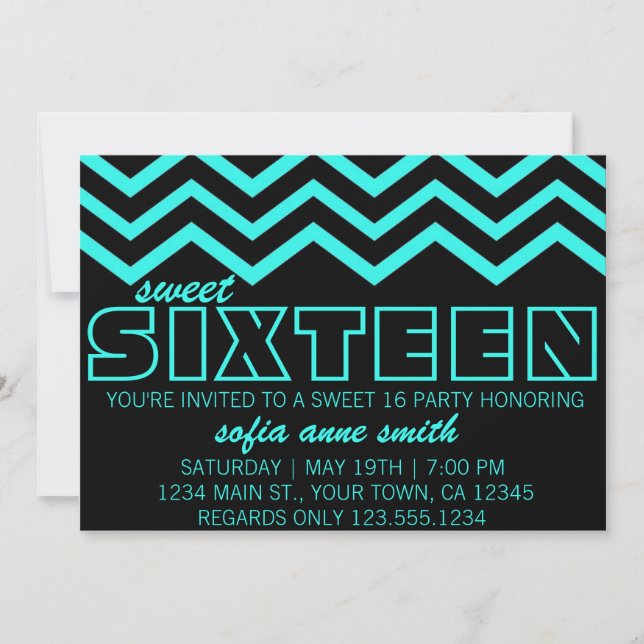 Neon Teal and Black Chevron Sweet 16 Inbjudan (Framsida)