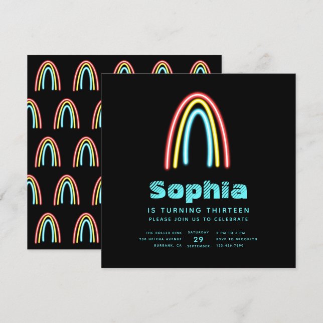 Neon Teal Rainbow Födelsedagsfest Inbjudningar (Fram/baksida)