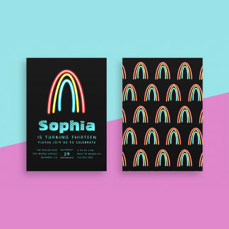 Neon Teal Rainbow Födelsedagsfest Inbjudningar