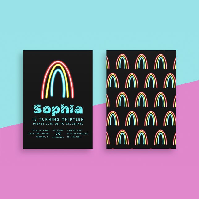 Neon Teal Rainbow Födelsedagsfest Inbjudningar (Skapare uppladdad)