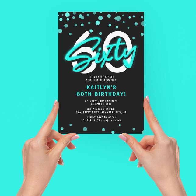 Neon Teal Sextio 60-årsfest Inbjudningar (Skapare uppladdad)