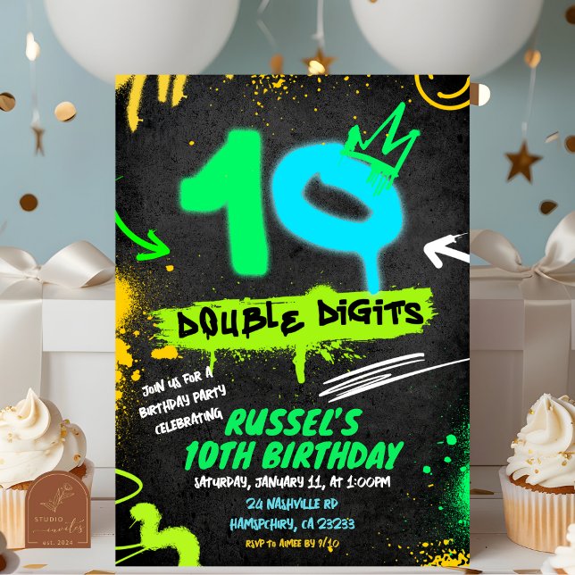 Neon Teenager Grafitti 10 double digit Birthday Inbjudningar (Skapare uppladdad)