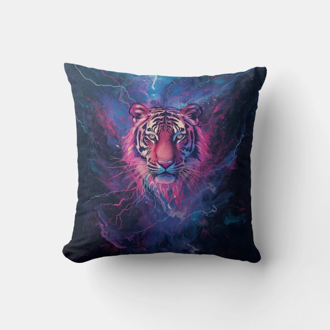 Neon Thunder Tiger Abstract Electric Glow Kudde (Framsida)