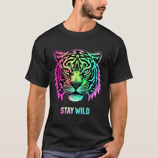 Neon Tiger Ansikte T-shirt med fet 3D STAY-VILD (Framsida)