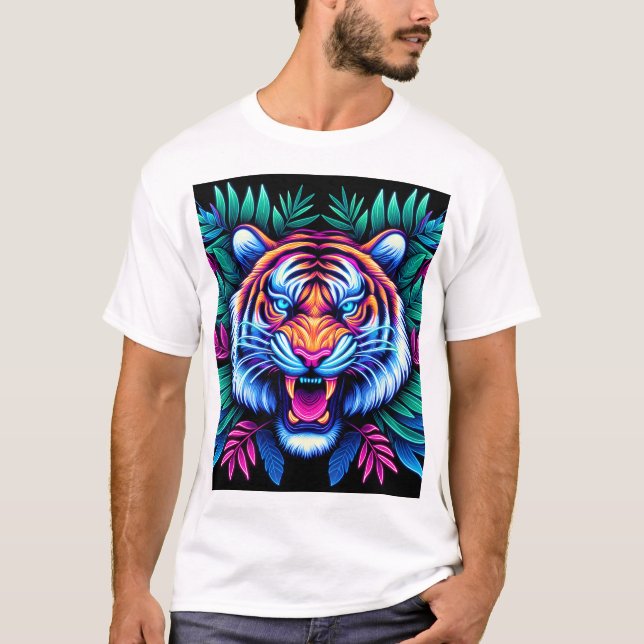 Neon Tiger och djungel löv T Shirt (Framsida)