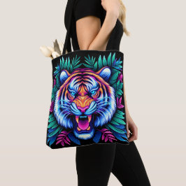 Neon Tiger och djungel löv Tygkasse