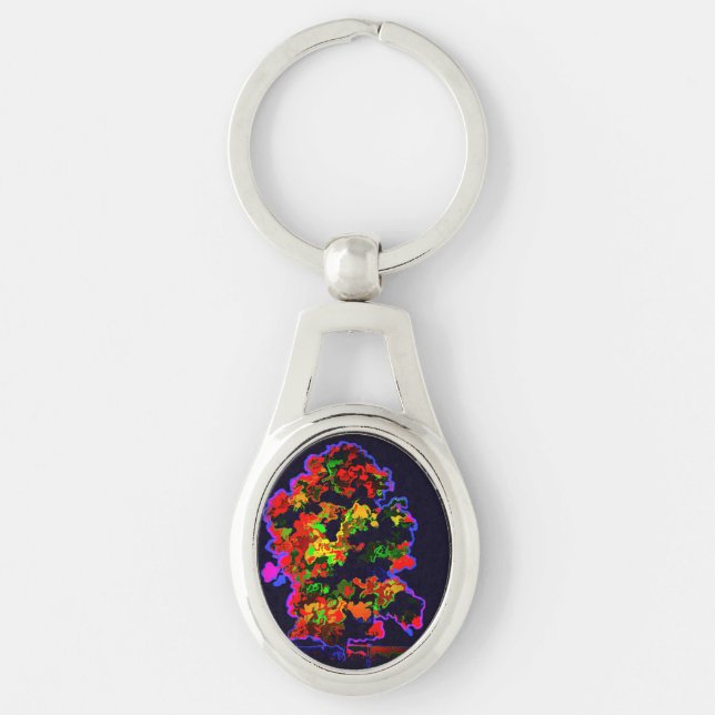 Neon Träd Explosion Ovalt Silverfärgad Nyckelring (Framsidan)