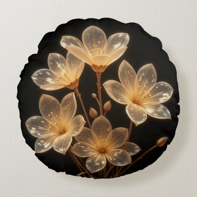 Neon transparent beige blommor svart runt kudde (Framsidan)