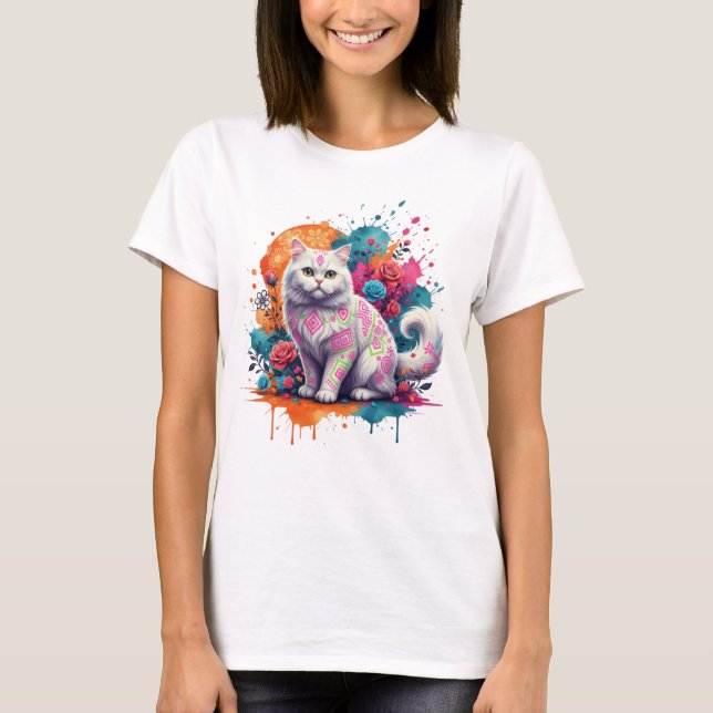 Neon Tribal Cat Fantasy Art T Shirt (Framsida)