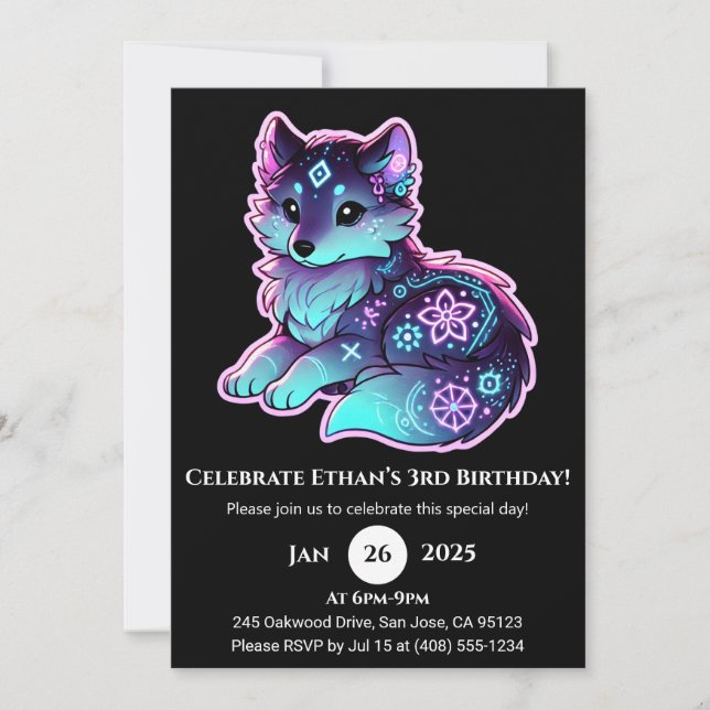 Neon Tribal Wolf Birthday Invitation Inbjudningar (Framsida)