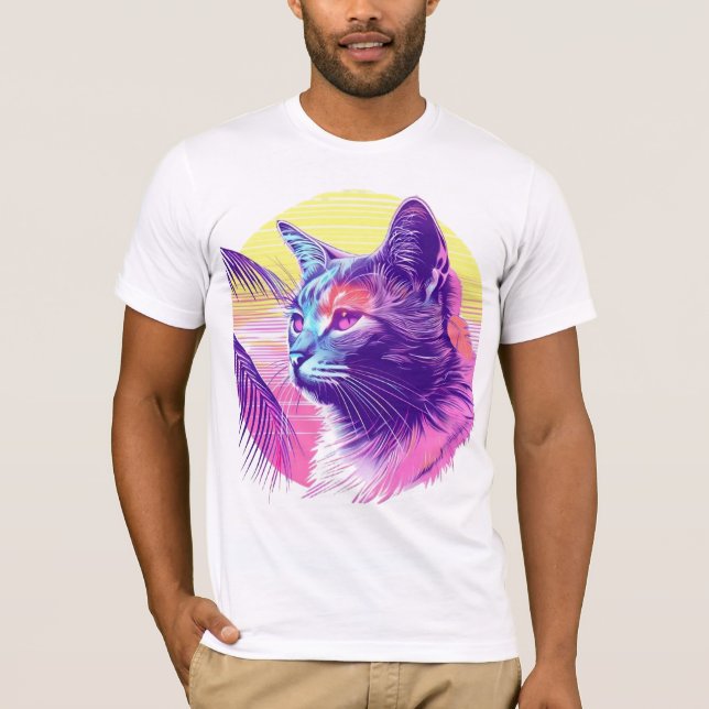 Neon Tropical Cat - 80:s Synthwave Vibes T Shirt (Framsida)