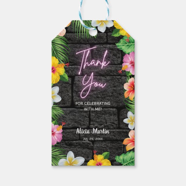 Neon Tropical Forest Summer Hawaii Födelsedagsfest Presentetikett (Framsidan)